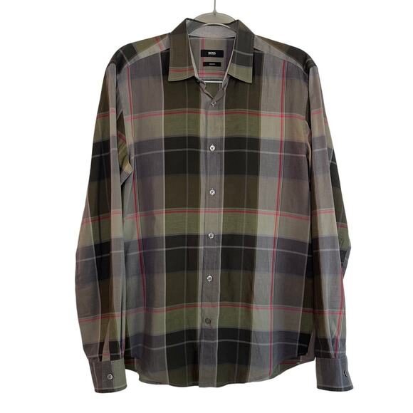 Boss Hugo Boss Mens Slim Fit Plaid Button Up Top Size Medium Gray Red Career - Picture 1 of 8